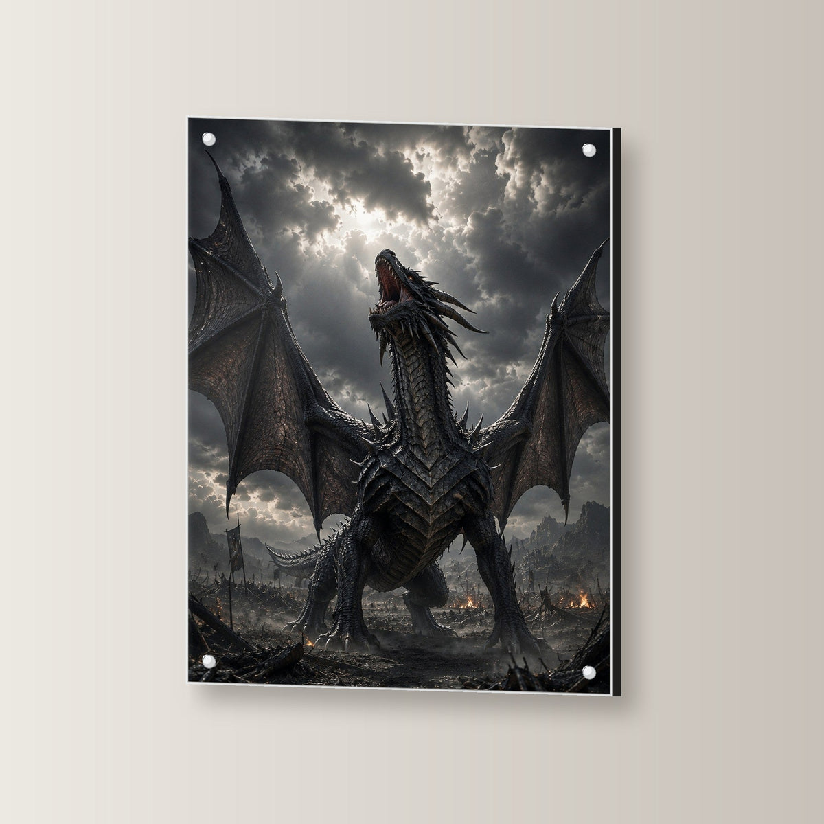 Schwarzer Drache brüllt über dem Schlachtfeld, Dark Fantasy Acrylglasbild auf Acrylglas mit Edelstahl-Abstandshaltern, leicht gedreht an der Wand fotografiert