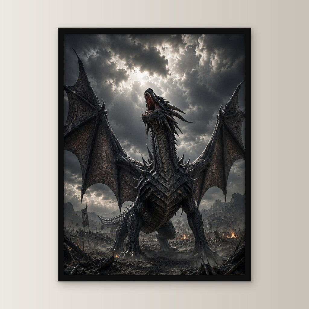 Schwarzer Drache brüllt über dem Schlachtfeld, Fantasy Wandbild gerahmt im schwarzen Holzrahmen, gerade von vorn an heller Wand
