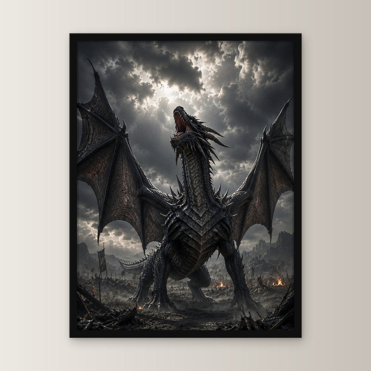 Schwarzer Drache brüllt über dem Schlachtfeld, Fantasy Wandbild gerahmt im schwarzen Holzrahmen, gerade von vorn an heller Wand