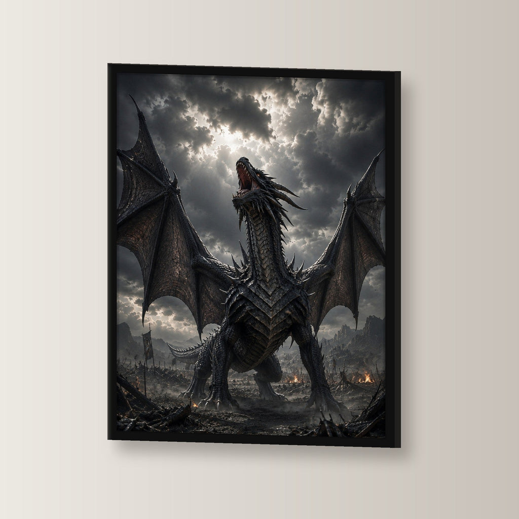 Schwarzer Drache brüllt über dem Schlachtfeld, Fantasy Wandbild gerahmt im schwarzen Holzrahmen, leicht gedreht an der Wand fotografiert