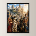 Ritter und Königinnen feiern den Sieg, Mittelalter Fantasy Wandbild gerahmt im schwarzen Holzrahmen, gerade von vorn an heller Wand