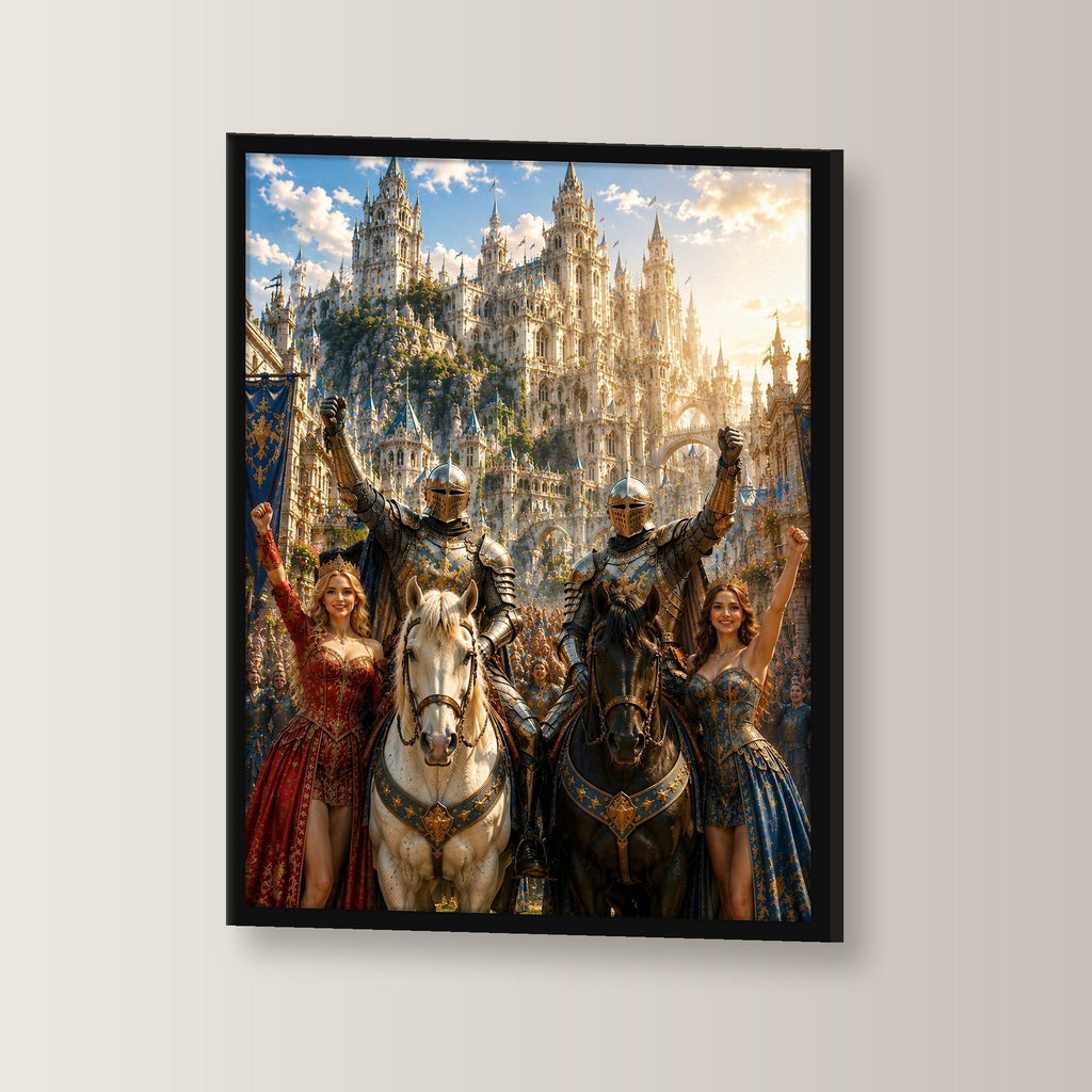 Ritter und Königinnen feiern den Sieg, Mittelalter Fantasy Wandbild gerahmt im schwarzen Holzrahmen, leicht gedreht an der Wand fotografiert