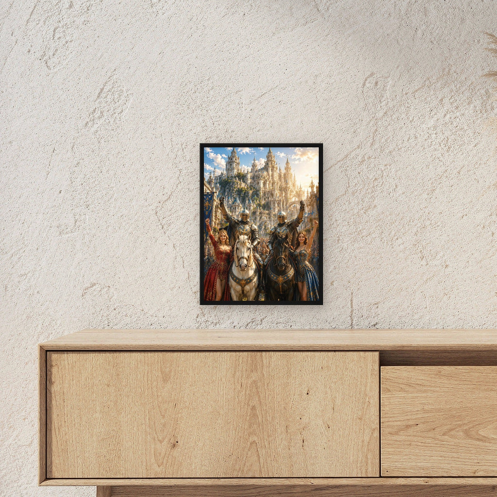 Ritter und Königinnen feiern den Sieg, Mittelalter Fantasy Wandbild gerahmt im schwarzen Holzrahmen ueber einem Sideboard, zeigt die Groesse im Raum