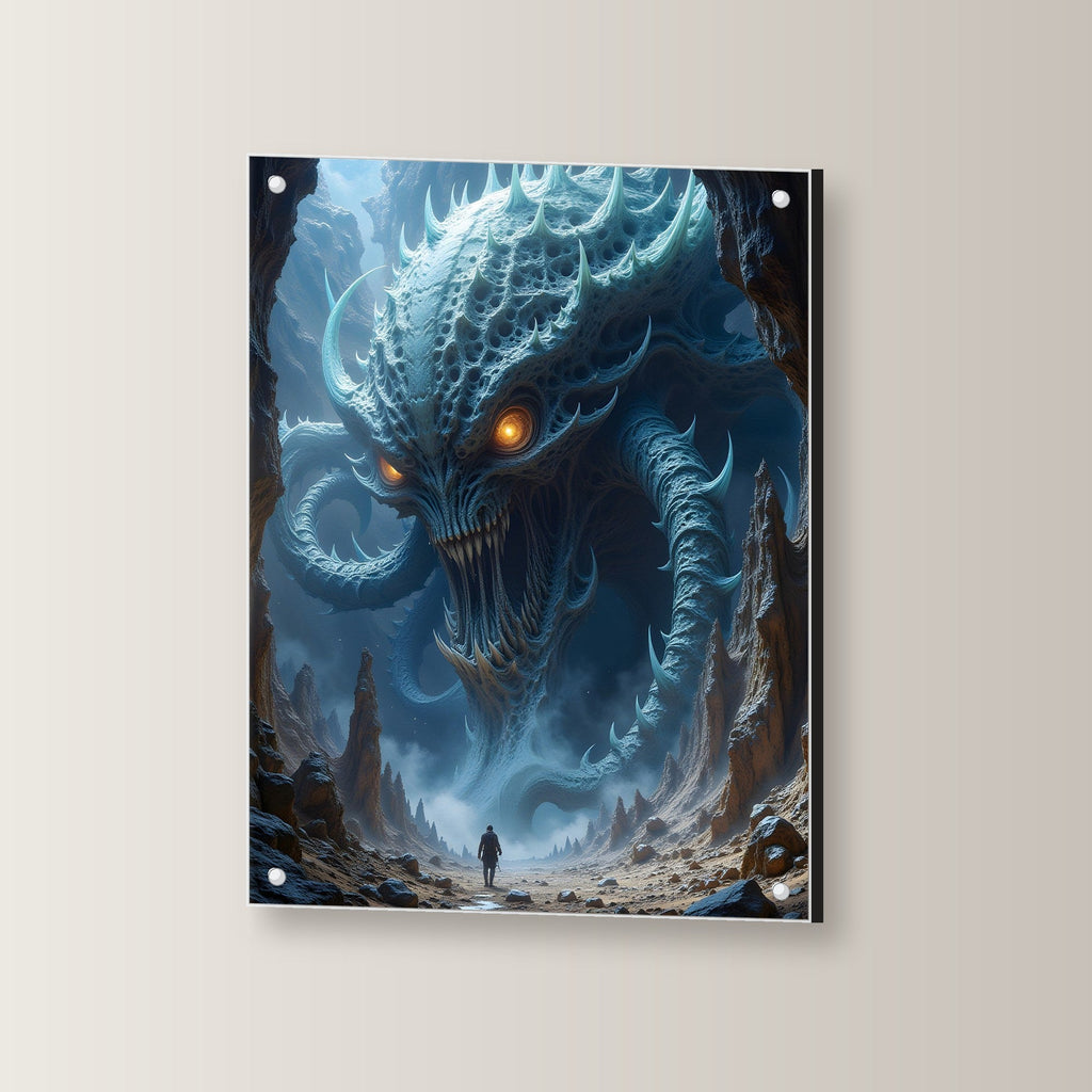 Kreatur mit glühenden Augen in blauer Schlucht, Surreales Acrylglasbild auf Acrylglas mit Edelstahl-Abstandshaltern, leicht gedreht an der Wand fotografiert