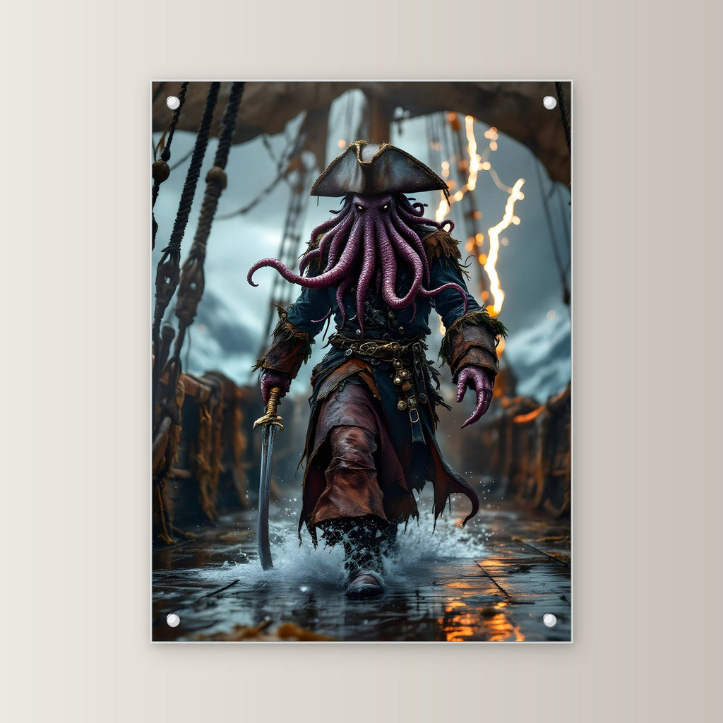 Krakenpirat im Sturm mit Säbel, Dark Fantasy Acrylglasbild auf Acrylglas mit Edelstahl-Abstandshaltern, gerade von vorn an heller Wand