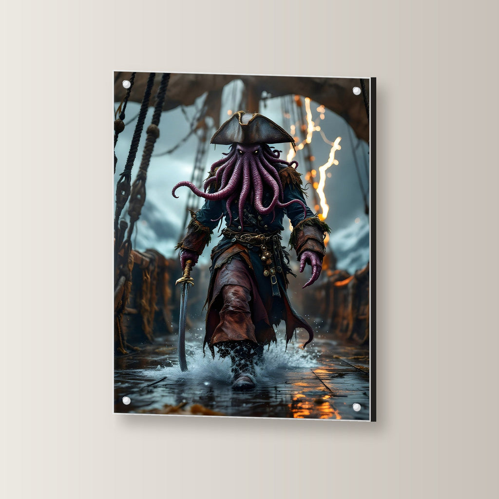 Krakenpirat im Sturm mit Säbel, Dark Fantasy Acrylglasbild auf Acrylglas mit Edelstahl-Abstandshaltern, leicht gedreht an der Wand fotografiert
