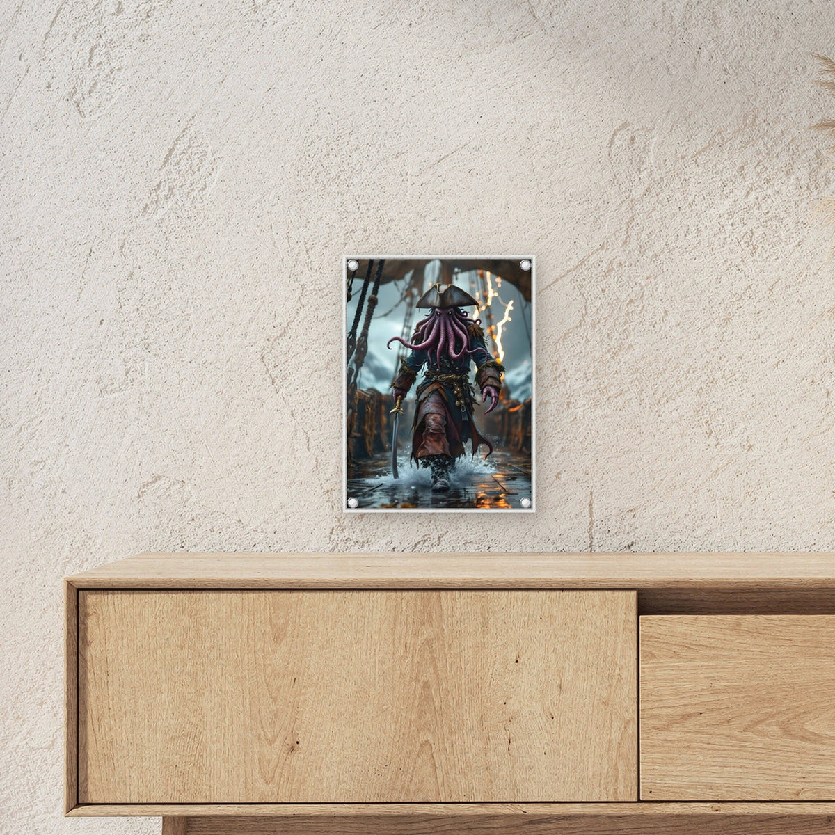 Krakenpirat im Sturm mit Säbel, Dark Fantasy Acrylglasbild auf Acrylglas mit Edelstahl-Abstandshaltern ueber einem Sideboard, zeigt die Groesse im Raum