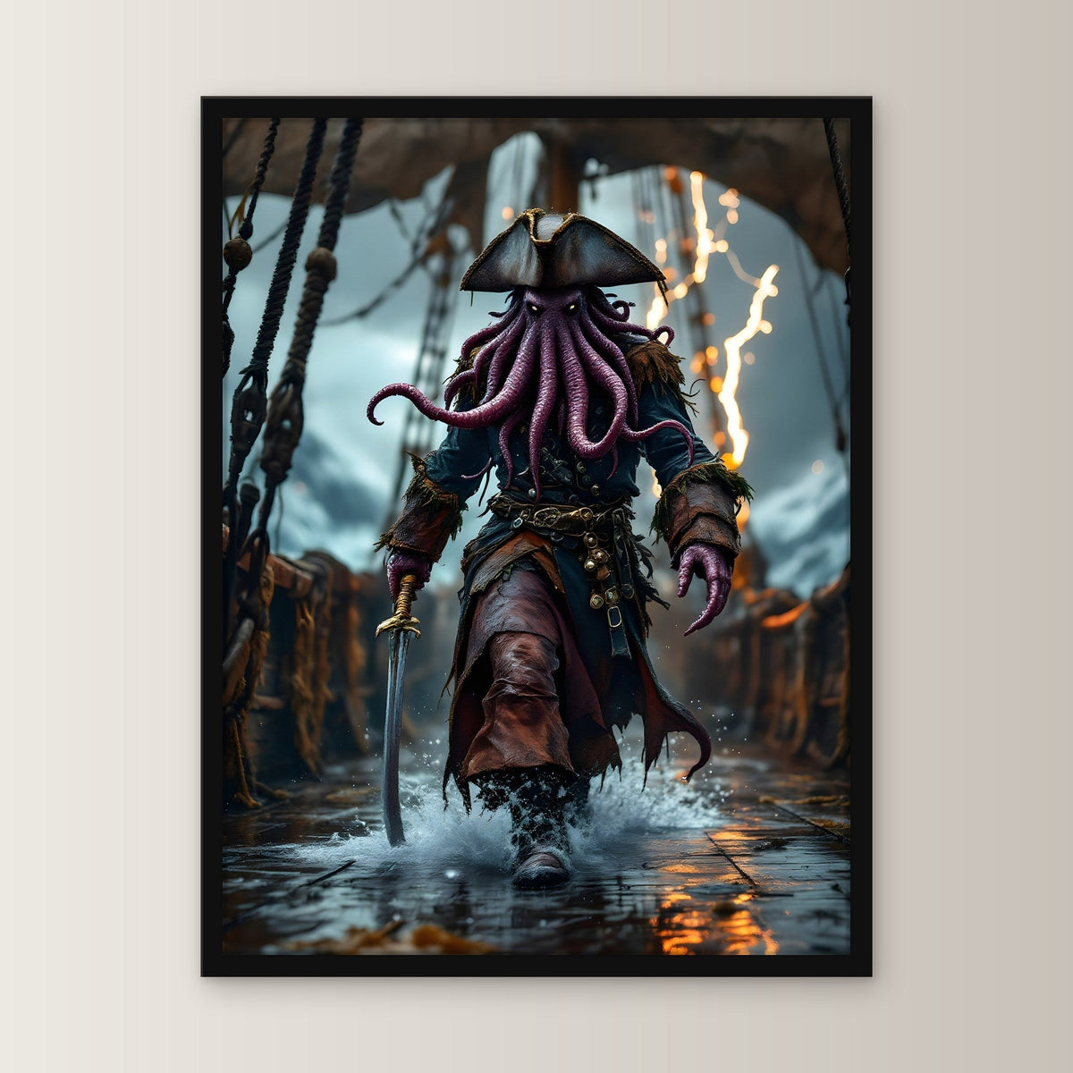 Krakenpirat im Sturm mit Säbel, Fantasy Wandbild gerahmt im schwarzen Holzrahmen, gerade von vorn an heller Wand