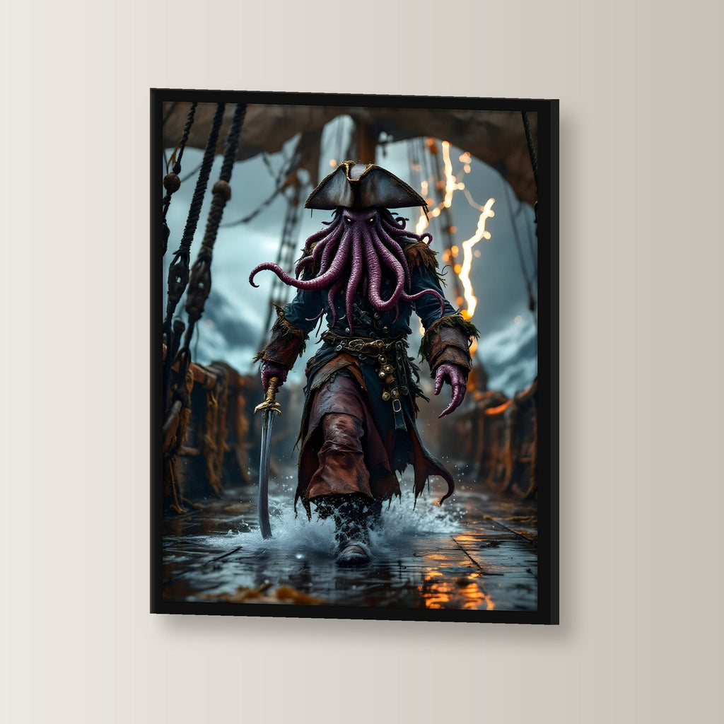 Krakenpirat im Sturm mit Säbel, Fantasy Wandbild gerahmt im schwarzen Holzrahmen, leicht gedreht an der Wand fotografiert