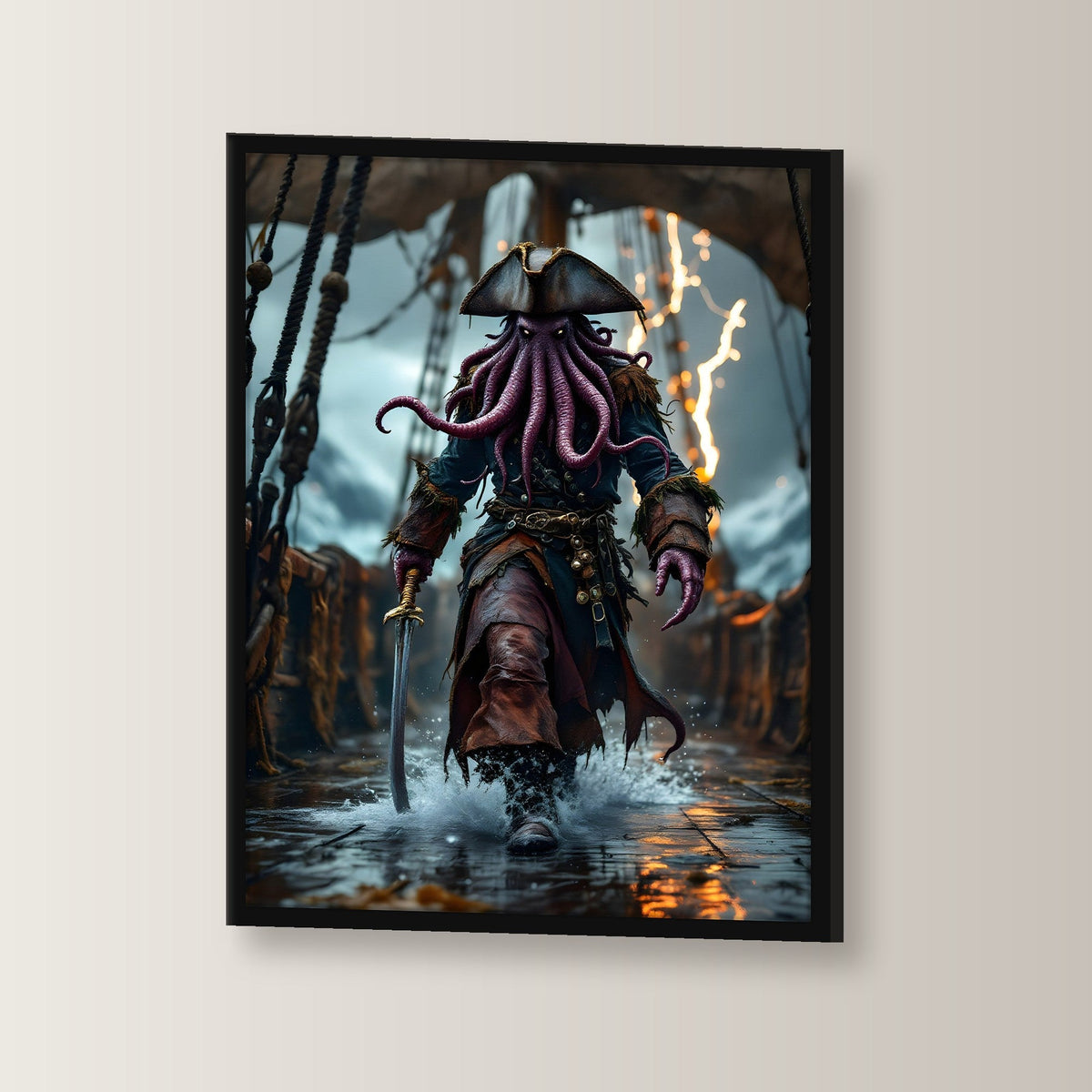Krakenpirat im Sturm mit Säbel, Fantasy Wandbild gerahmt im schwarzen Holzrahmen, leicht gedreht an der Wand fotografiert