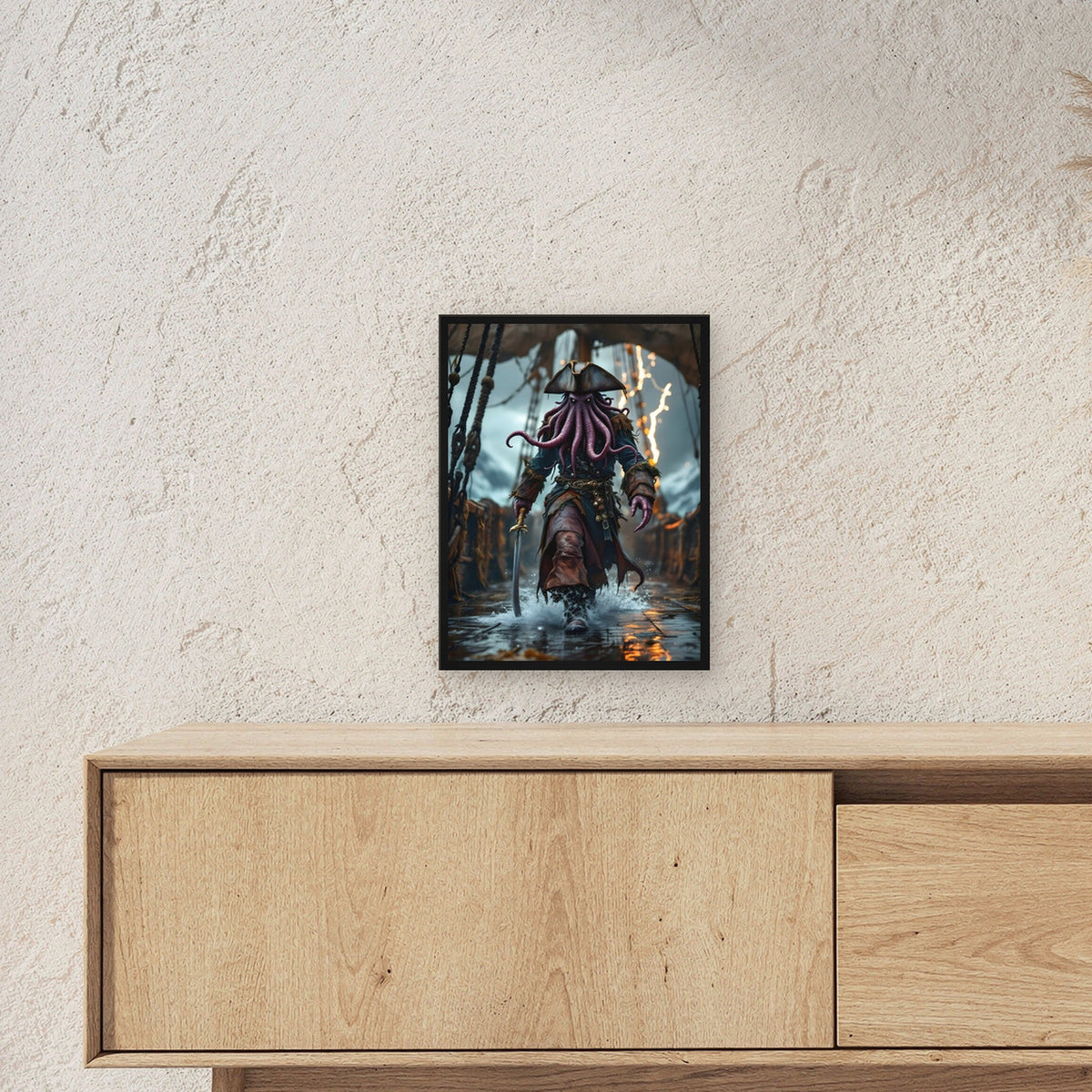 Krakenpirat im Sturm mit Säbel, Fantasy Wandbild gerahmt im schwarzen Holzrahmen ueber einem Sideboard, zeigt die Groesse im Raum