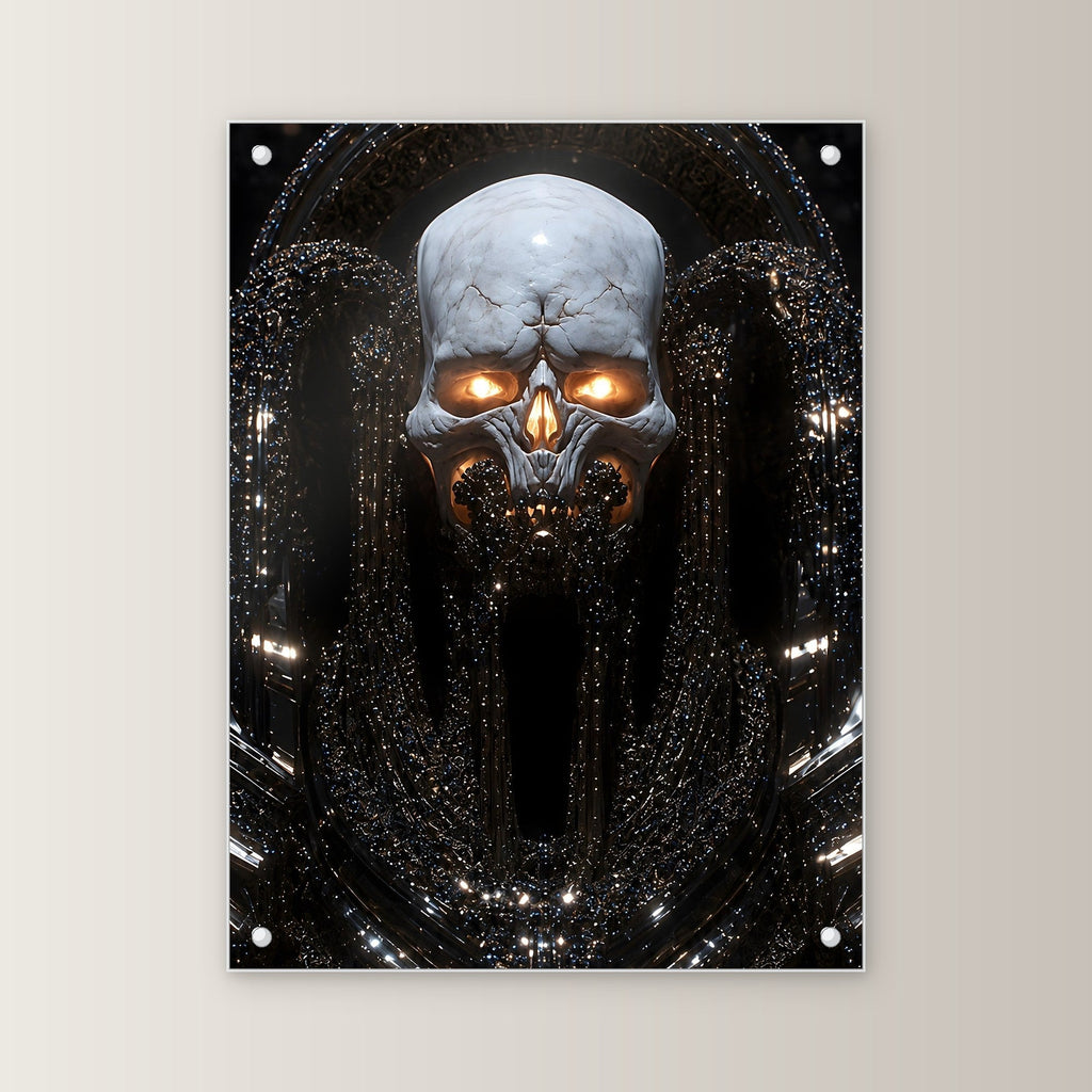 Dark Fantasy Acrylglas | Totenkopf Gothic Wandbild auf Acrylglas mit Edelstahl-Abstandshaltern, gerade von vorn an heller Wand