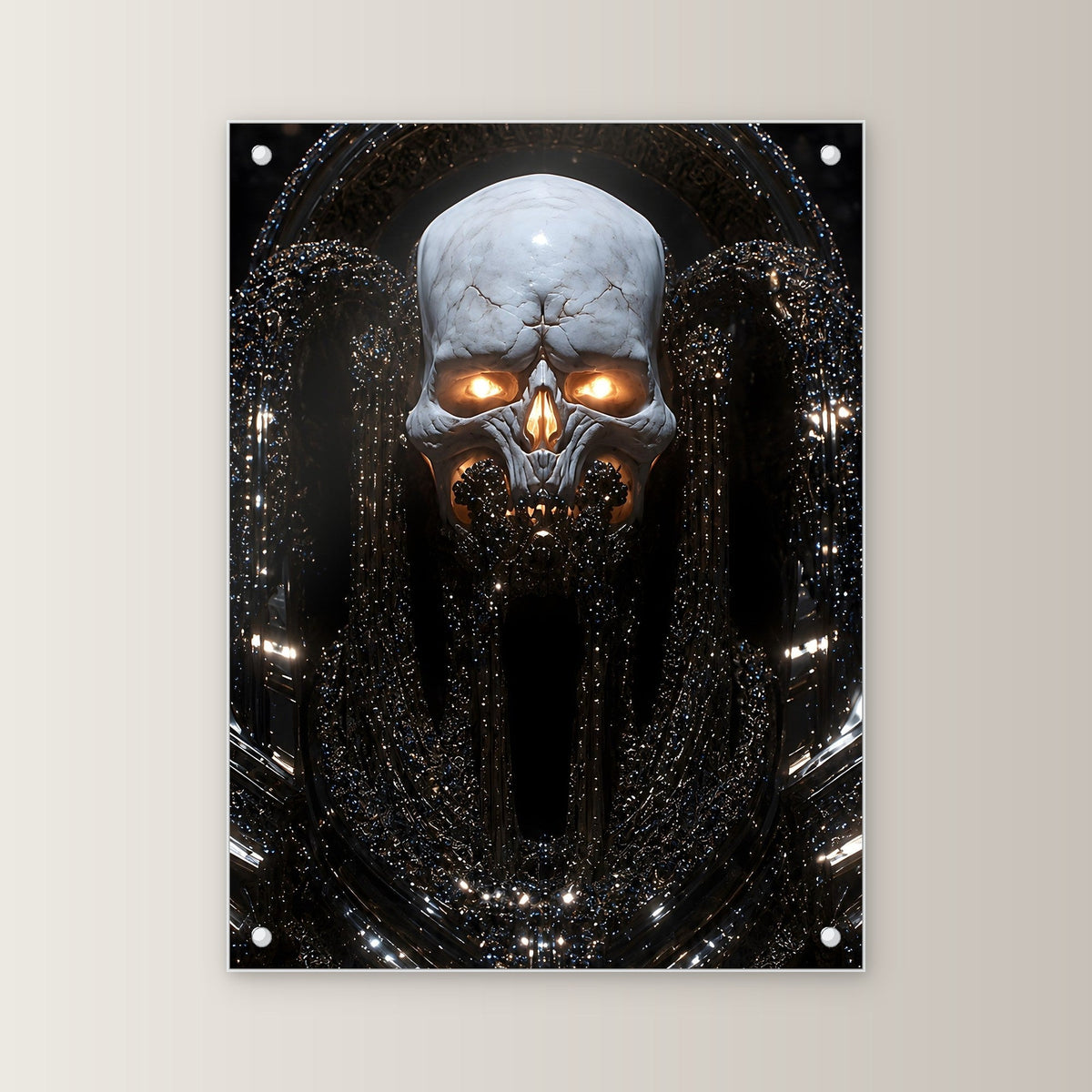 Dark Fantasy Acrylglas | Totenkopf Gothic Wandbild auf Acrylglas mit Edelstahl-Abstandshaltern, gerade von vorn an heller Wand