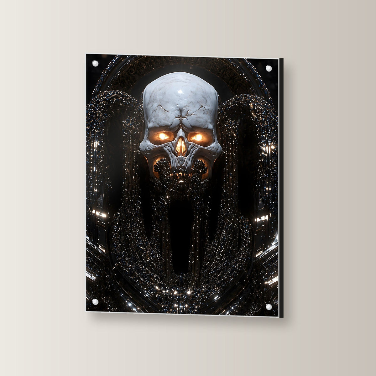 Dark Fantasy Acrylglas | Totenkopf Gothic Wandbild auf Acrylglas mit Edelstahl-Abstandshaltern, leicht gedreht an der Wand fotografiert