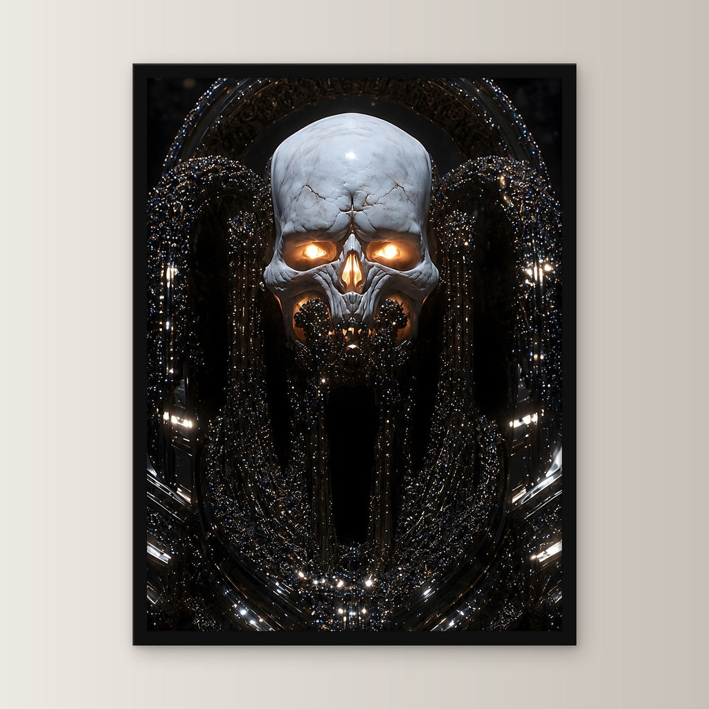 Dark Fantasy Poster gerahmt | Totenkopf Gothic Wandbild im schwarzen Holzrahmen, gerade von vorn an heller Wand