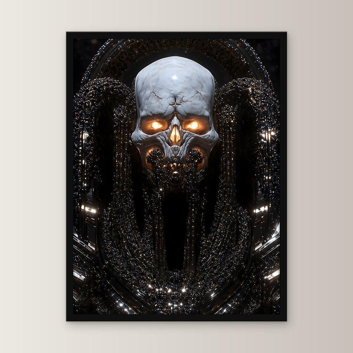 Dark Fantasy Poster gerahmt | Totenkopf Gothic Wandbild im schwarzen Holzrahmen, gerade von vorn an heller Wand
