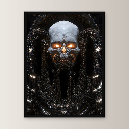 Dark Fantasy Poster gerahmt | Totenkopf Gothic Wandbild im schwarzen Holzrahmen, gerade von vorn an heller Wand