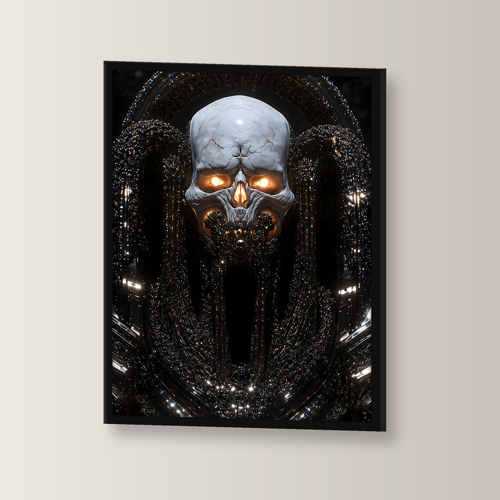 Dark Fantasy Poster gerahmt | Totenkopf Gothic Wandbild im schwarzen Holzrahmen, leicht gedreht an der Wand fotografiert