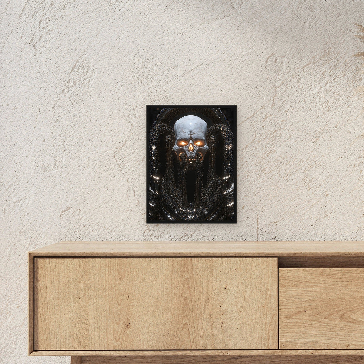 Dark Fantasy Poster gerahmt | Totenkopf Gothic Wandbild im schwarzen Holzrahmen ueber einem Sideboard, zeigt die Groesse im Raum