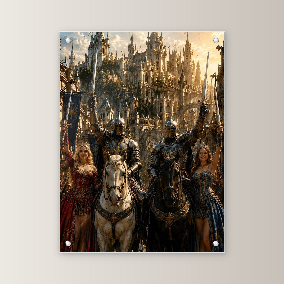 Ritter und Königinnen mit erhobenen Schwertern, Mittelalter Fantasy Acrylglasbild auf Acrylglas mit Edelstahl-Abstandshaltern, gerade von vorn an heller Wand