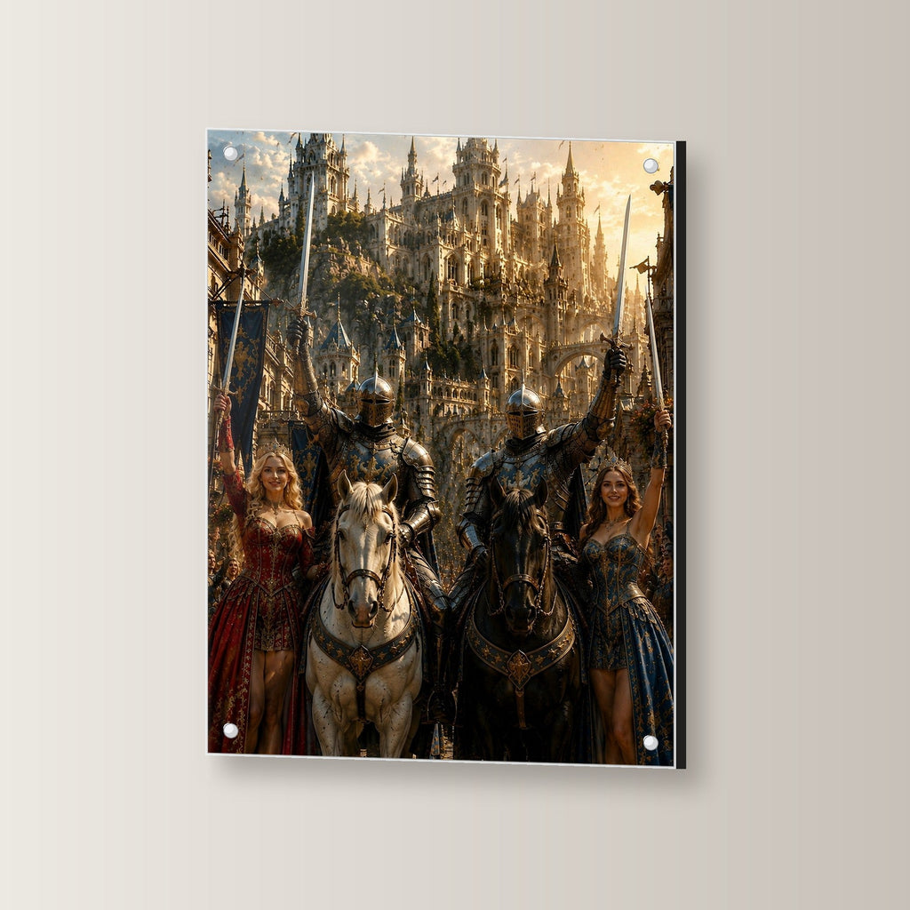 Ritter und Königinnen mit erhobenen Schwertern, Mittelalter Fantasy Acrylglasbild auf Acrylglas mit Edelstahl-Abstandshaltern, leicht gedreht an der Wand fotografiert