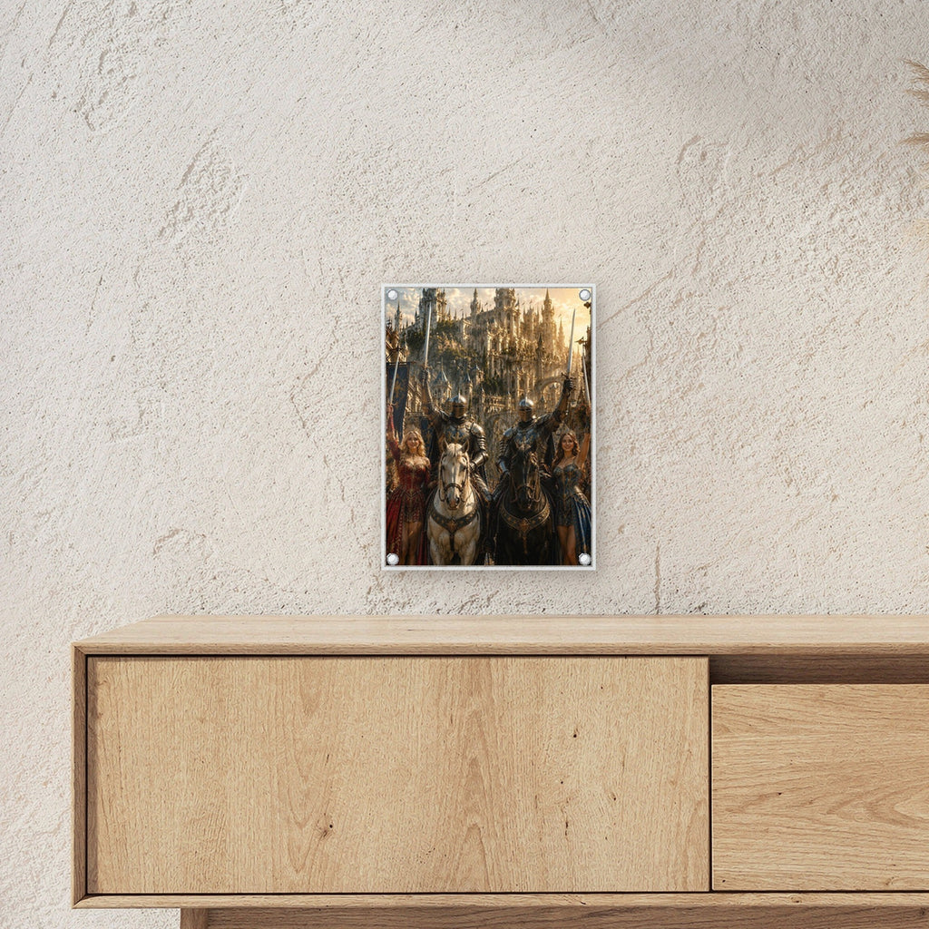 Ritter und Königinnen mit erhobenen Schwertern, Mittelalter Fantasy Acrylglasbild auf Acrylglas mit Edelstahl-Abstandshaltern ueber einem Sideboard, zeigt die Groesse im Raum