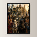 Ritter und Königinnen mit erhobenen Schwertern, Mittelalter Fantasy Wandbild gerahmt im schwarzen Holzrahmen, gerade von vorn an heller Wand