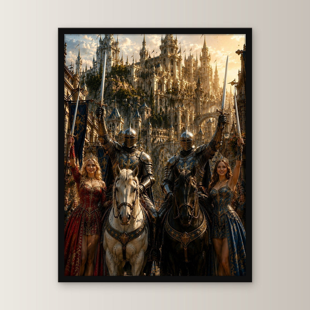 Ritter und Königinnen mit erhobenen Schwertern, Mittelalter Fantasy Wandbild gerahmt im schwarzen Holzrahmen, gerade von vorn an heller Wand