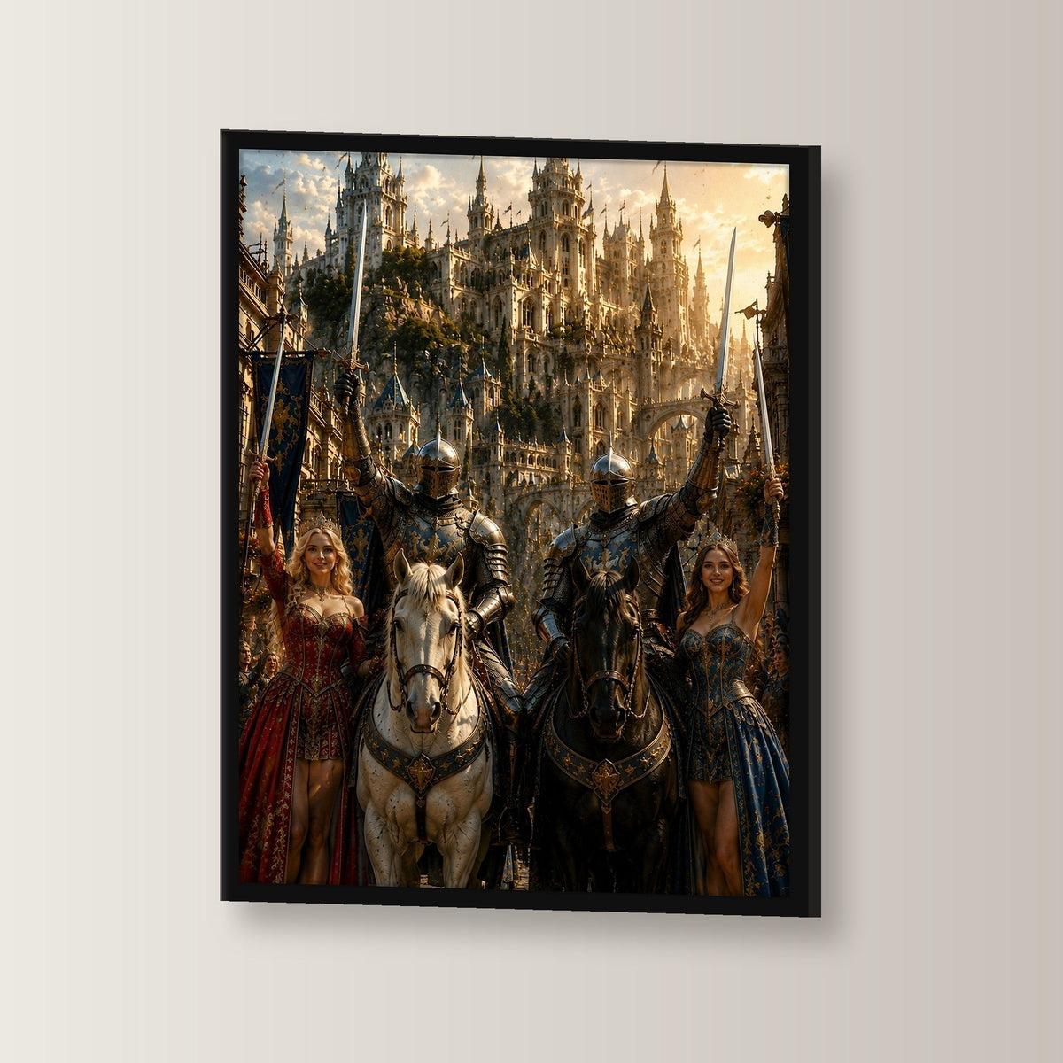 Ritter und Königinnen mit erhobenen Schwertern, Mittelalter Fantasy Wandbild gerahmt im schwarzen Holzrahmen, leicht gedreht an der Wand fotografiert