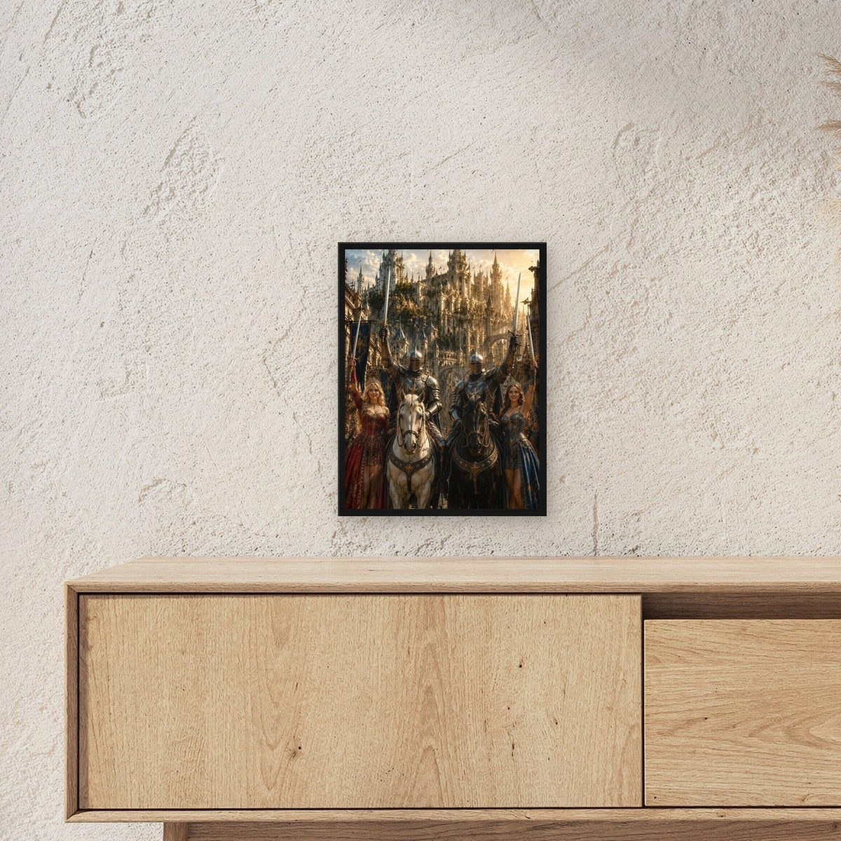Ritter und Königinnen mit erhobenen Schwertern, Mittelalter Fantasy Wandbild gerahmt im schwarzen Holzrahmen ueber einem Sideboard, zeigt die Groesse im Raum