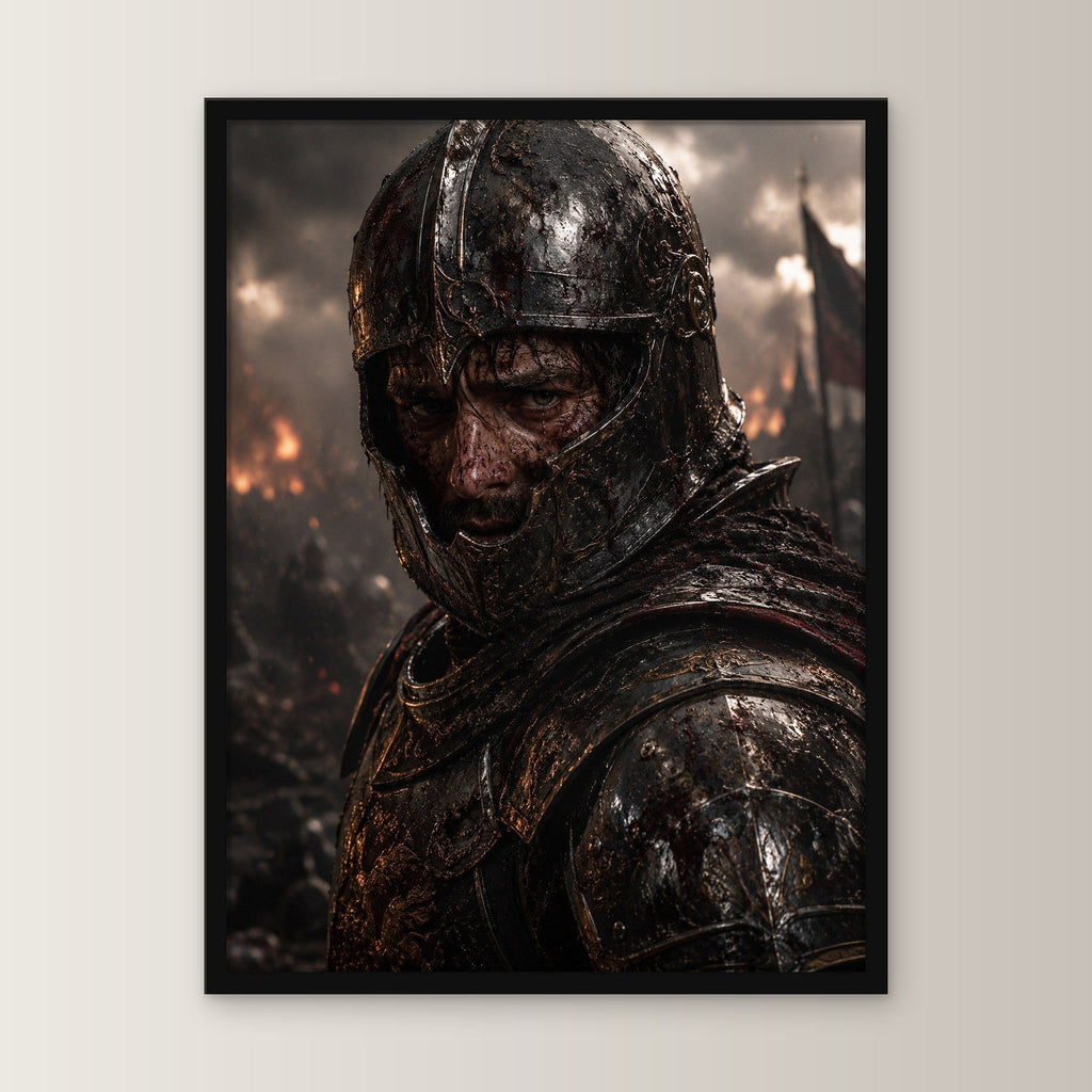 Dark-Fantasy Poster gerahmt im schwarzen Holzrahmen, gerade von vorn an heller Wand