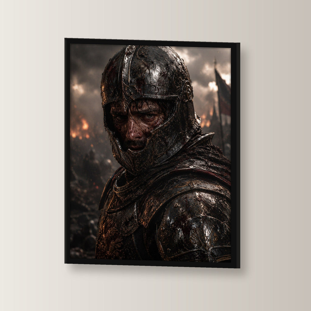 Dark-Fantasy Poster gerahmt im schwarzen Holzrahmen, leicht gedreht an der Wand fotografiert