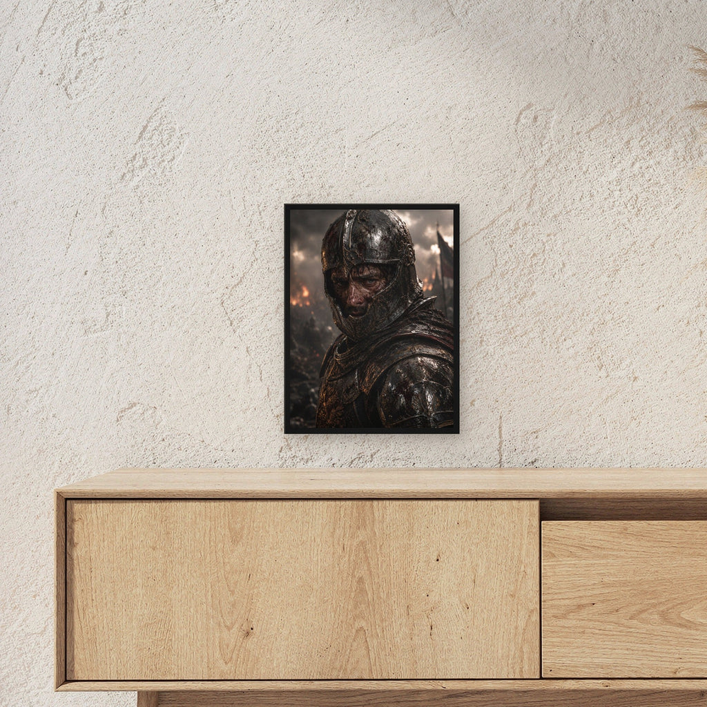Dark-Fantasy Poster gerahmt im schwarzen Holzrahmen ueber einem Sideboard, zeigt die Groesse im Raum
