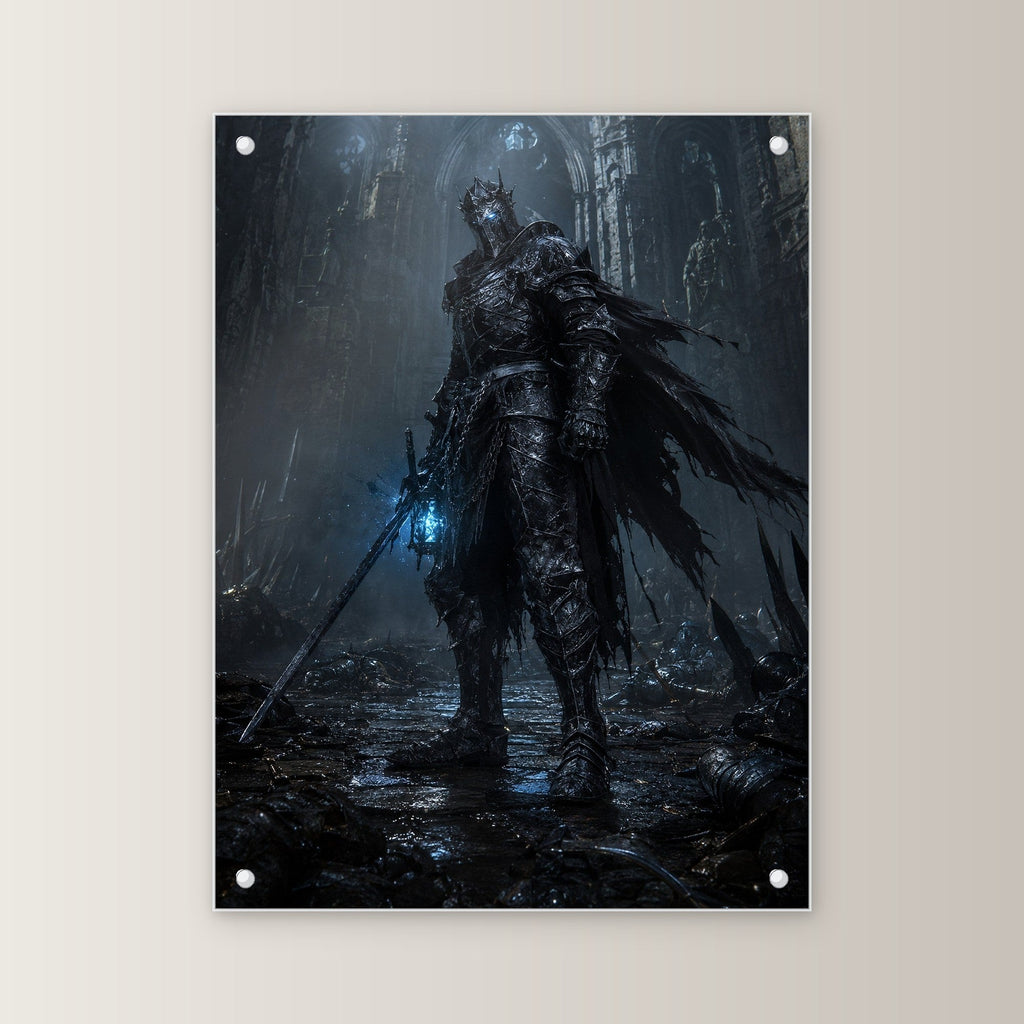 Dark-Fantasy Acrylglasbild auf Acrylglas mit Edelstahl-Abstandshaltern, gerade von vorn an heller Wand