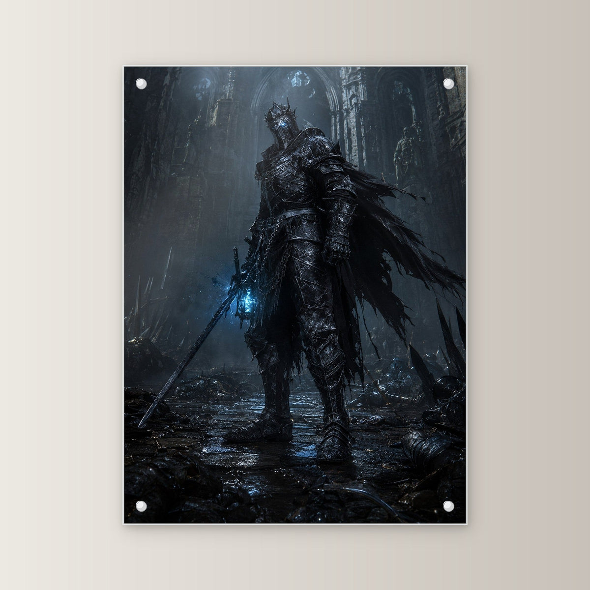 Dark-Fantasy Acrylglasbild auf Acrylglas mit Edelstahl-Abstandshaltern, gerade von vorn an heller Wand
