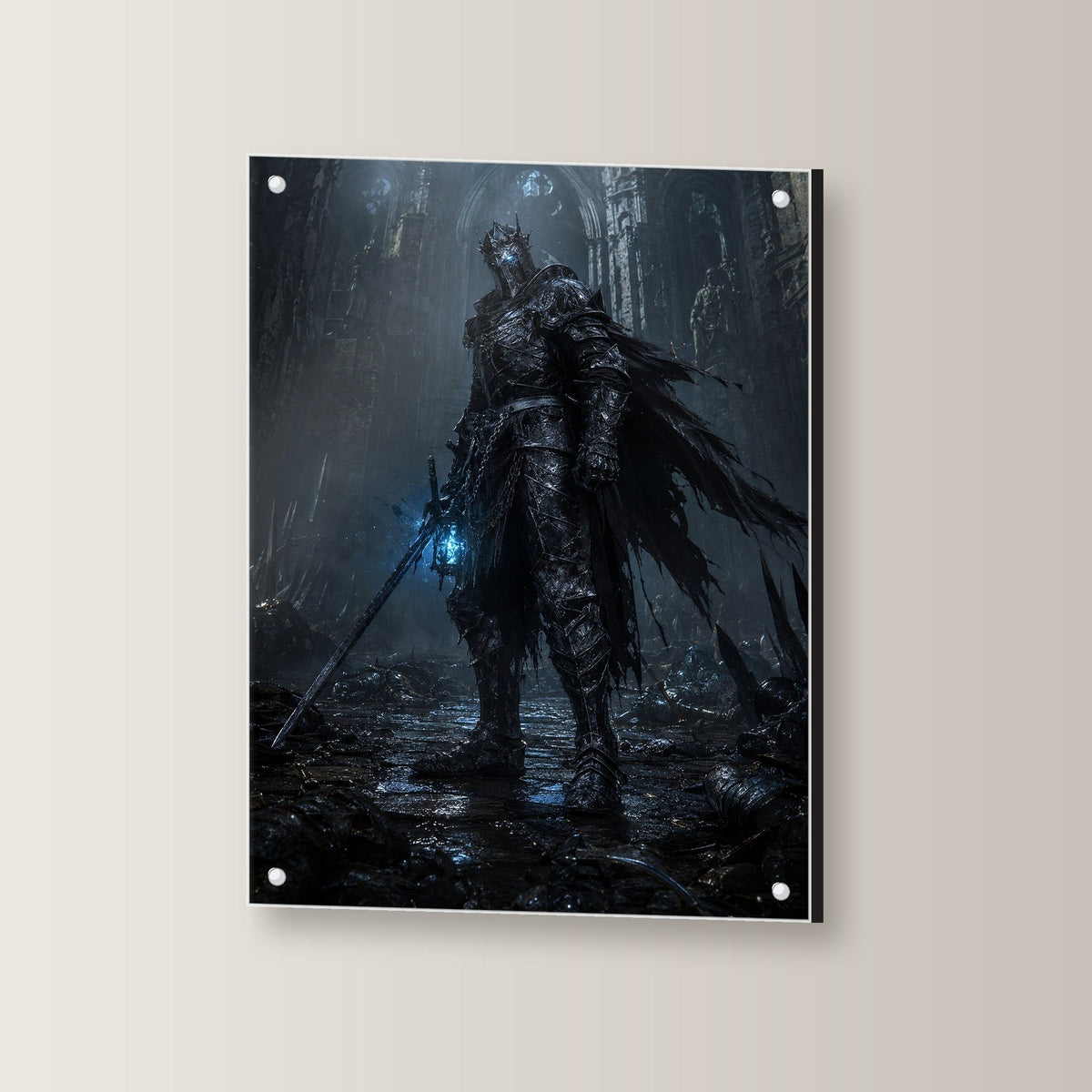 Dark-Fantasy Acrylglasbild auf Acrylglas mit Edelstahl-Abstandshaltern, leicht gedreht an der Wand fotografiert