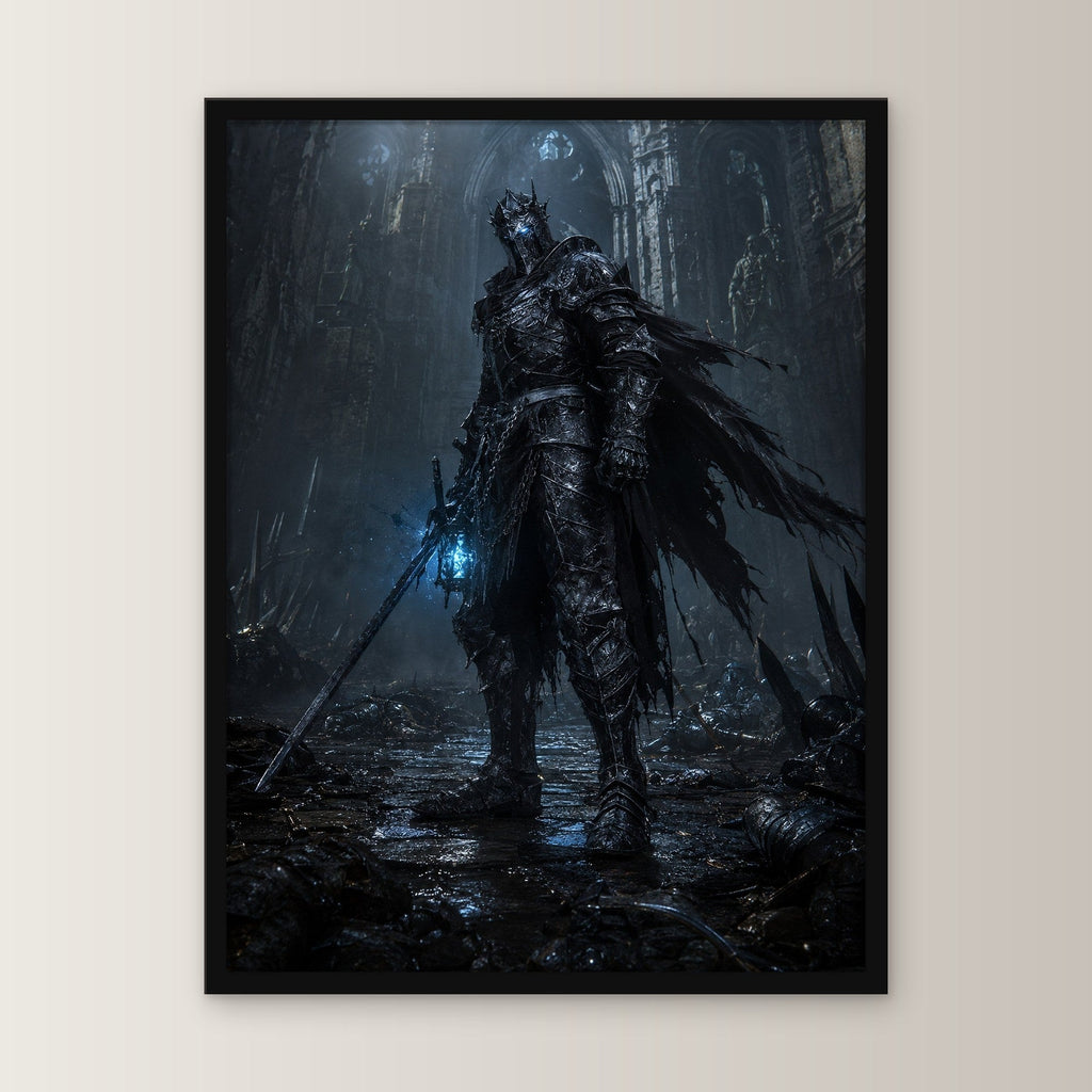 Dark-Fantasy Poster gerahmt im schwarzen Holzrahmen, gerade von vorn an heller Wand