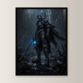 Dark-Fantasy Poster gerahmt im schwarzen Holzrahmen, gerade von vorn an heller Wand