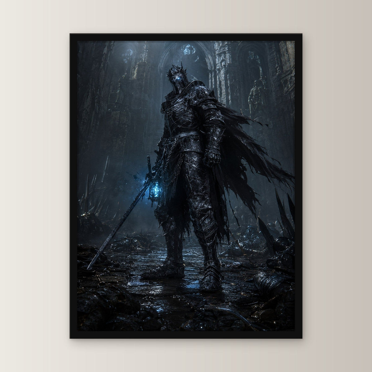 Dark-Fantasy Poster gerahmt im schwarzen Holzrahmen, gerade von vorn an heller Wand