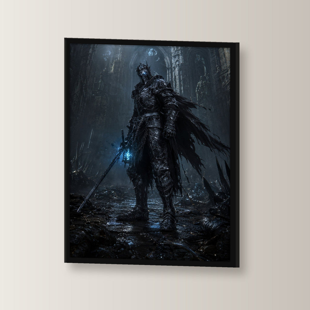 Dark-Fantasy Poster gerahmt im schwarzen Holzrahmen, leicht gedreht an der Wand fotografiert