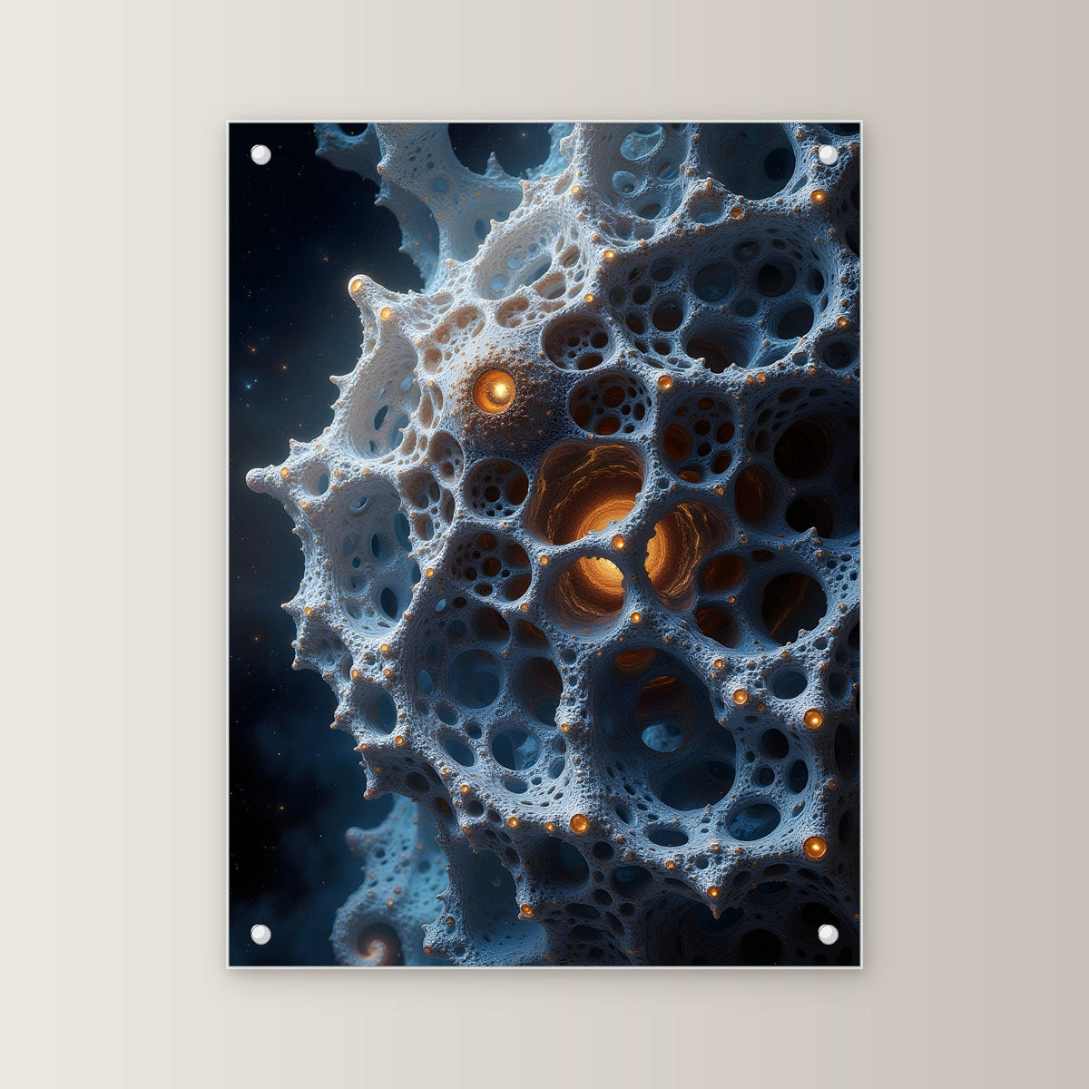 Fraktales Geflecht mit glühendem Kern, Surreales Acrylglasbild auf Acrylglas mit Edelstahl-Abstandshaltern, gerade von vorn an heller Wand