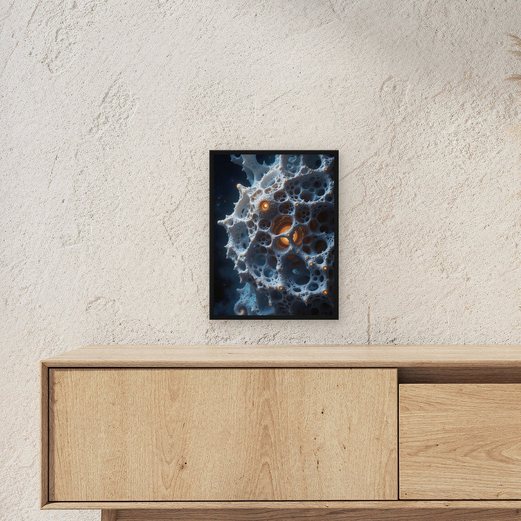 Fraktales Geflecht mit glühendem Kern, Surreales Wandbild gerahmt im schwarzen Holzrahmen ueber einem Sideboard, zeigt die Groesse im Raum