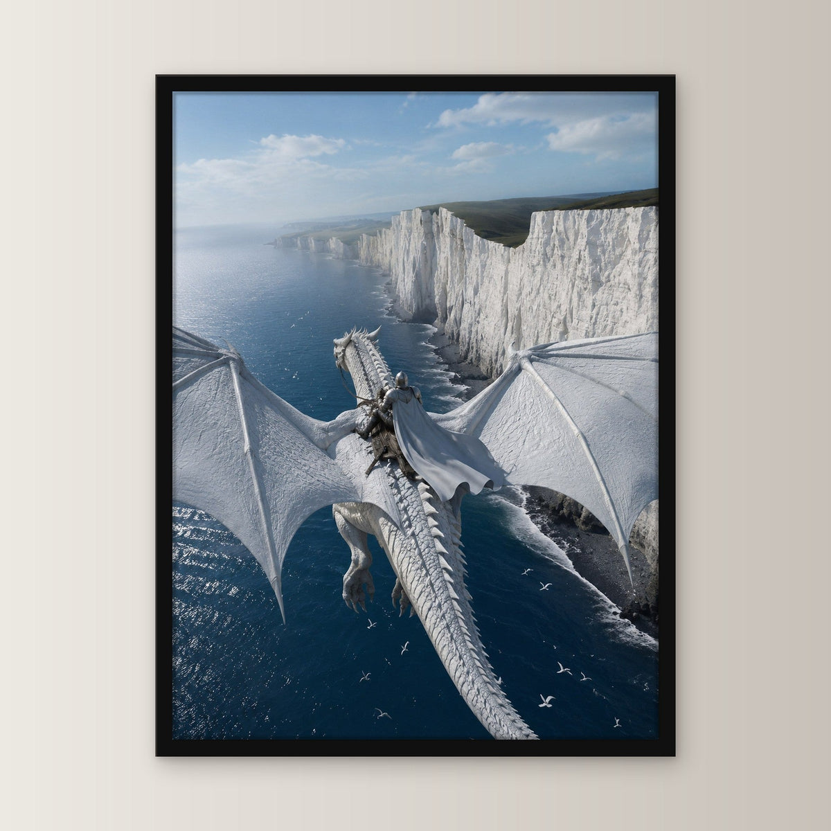 Dark Fantasy Wandbild gerahmt | Gothic Poster im schwarzen Holzrahmen, gerade von vorn an heller Wand