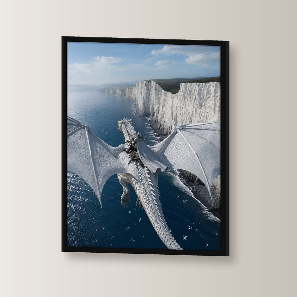 Dark Fantasy Wandbild gerahmt | Gothic Poster im schwarzen Holzrahmen, leicht gedreht an der Wand fotografiert