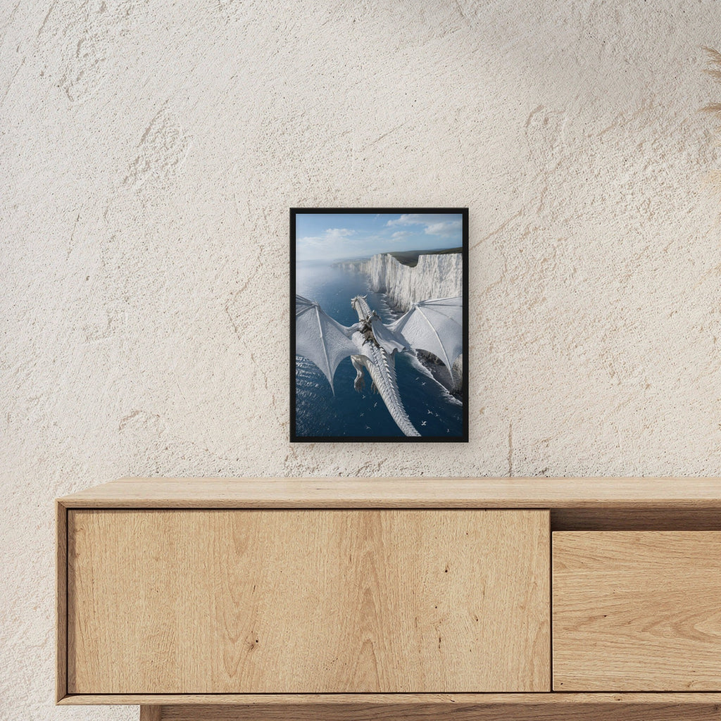 Dark Fantasy Wandbild gerahmt | Gothic Poster im schwarzen Holzrahmen ueber einem Sideboard, zeigt die Groesse im Raum