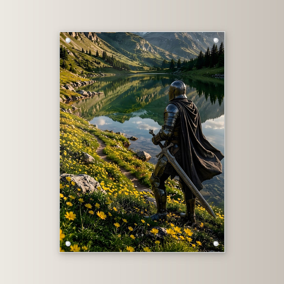 Ritter mit Schwert am Bergsee, Mittelalter Fantasy Acrylglasbild auf Acrylglas mit Edelstahl-Abstandshaltern, gerade von vorn an heller Wand