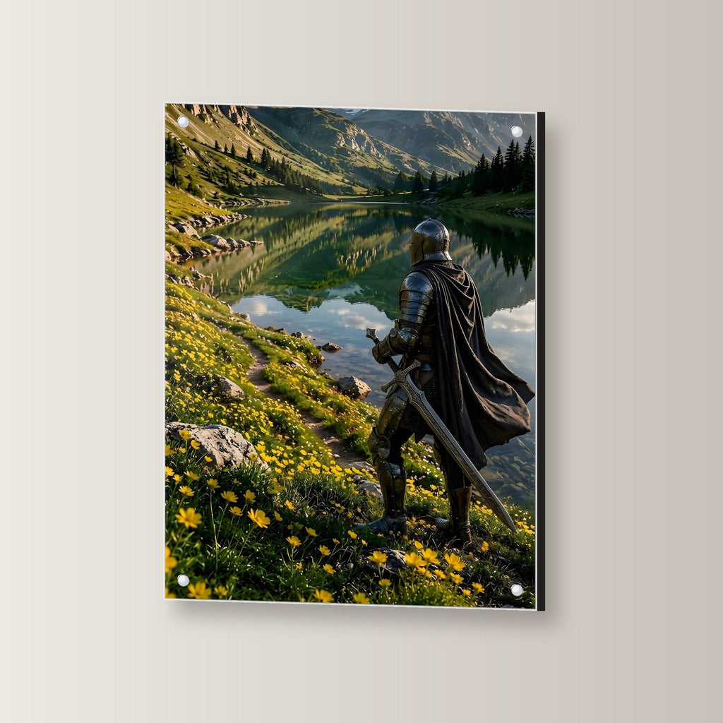 Ritter mit Schwert am Bergsee, Mittelalter Fantasy Acrylglasbild auf Acrylglas mit Edelstahl-Abstandshaltern, leicht gedreht an der Wand fotografiert