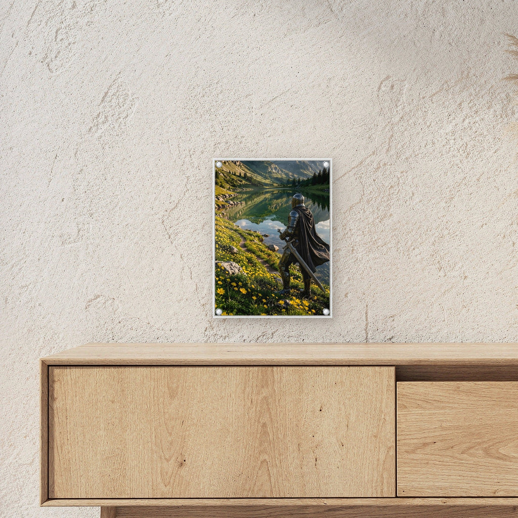 Ritter mit Schwert am Bergsee, Mittelalter Fantasy Acrylglasbild auf Acrylglas mit Edelstahl-Abstandshaltern ueber einem Sideboard, zeigt die Groesse im Raum