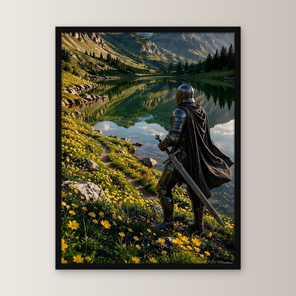 Ritter mit Schwert am Bergsee, Mittelalter Fantasy Wandbild gerahmt im schwarzen Holzrahmen, gerade von vorn an heller Wand