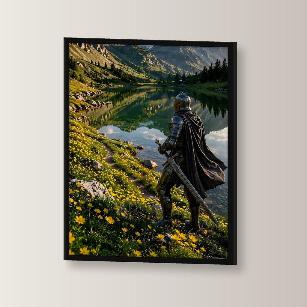 Ritter mit Schwert am Bergsee, Mittelalter Fantasy Wandbild gerahmt im schwarzen Holzrahmen, leicht gedreht an der Wand fotografiert